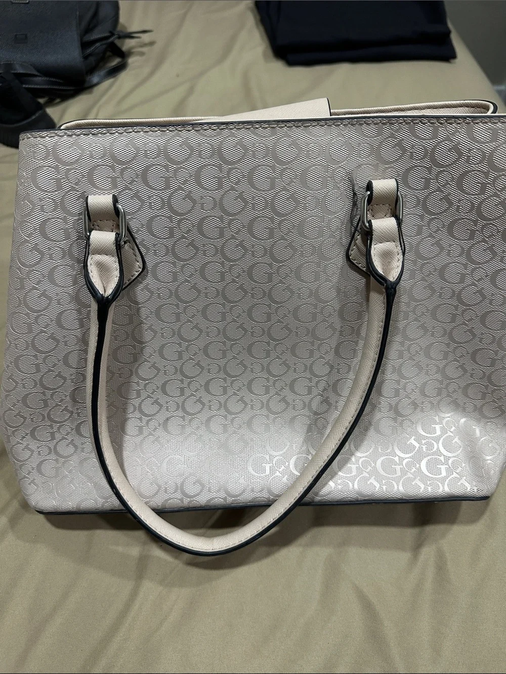 GUESS Cream Logo Tote Satchel with Silver Charm